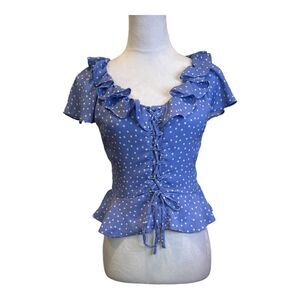 Planet‎ Gold Polka Dot Blue Short Sleeve  Preppy Whimsy Office Blouse Size S